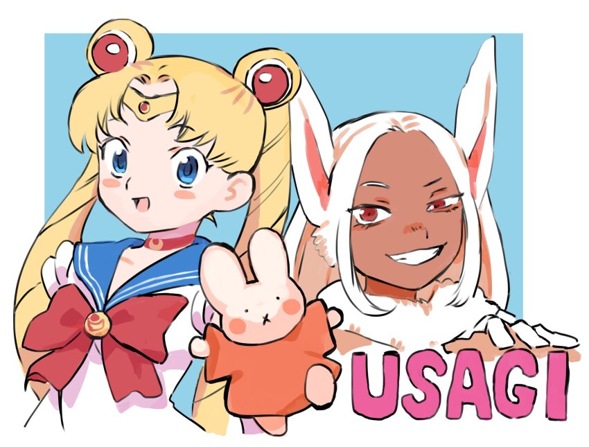 2girls :d animal_ears bishoujo_senshi_sailor_moon blonde_hair blue_eyes blue_sailor_collar blush_stickers boku_no_hero_academia bow choker circlet crescent_choker crossover dark-skinned_female dark_skin double_bun female_focus gan2 gloves grin hair_bun highres long_hair magical_girl miffy miffy_(character) mirko multiple_girls name_connection open_mouth rabbit_ears rabbit_girl red_bow red_choker red_eyes sailor_collar sailor_moon sailor_senshi_uniform smile teeth trait_connection tsukino_usagi twintails uneven_eyes white_gloves white_hair