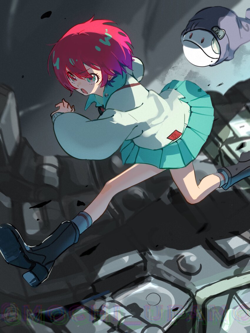 1girl absurdres amate_yuzuriha aqua_eyes aqua_shirt aqua_skirt giant_hand gquuuuuux gundam gundam_gquuuuuux haro hat highres long_sleeves mecha mechanical_hands mobile_suit mochi_upamo necktie open_mouth red_hair robot running school_uniform science_fiction shirt short_hair skirt sweater