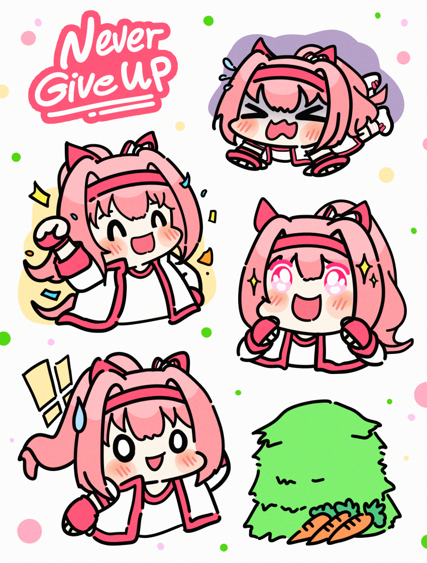 absurdres animal_ears blush bow chibi crying ear_bow ear_covers gym_uniform hair_between_eyes haru_urara_(bestest_prize)_(umamusume) haru_urara_(umamusume) highres horse_ears horse_girl horse_tail long_hair open_mouth ryegrass_for_haru_urara shirt smile tacidud tail umamusume