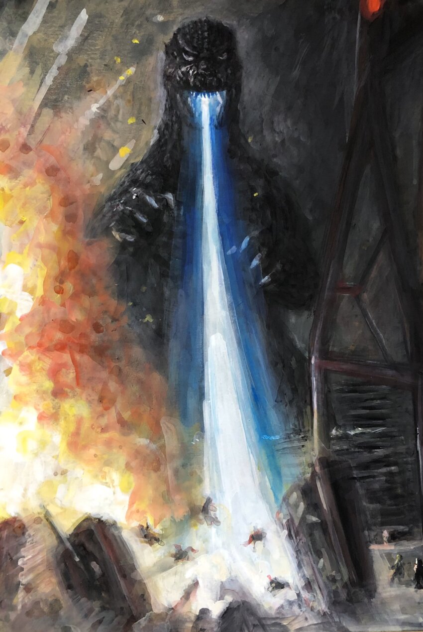 atomic_breath breath_weapon dinosaur embers energy energy_beam explosion fire g.n.a godzilla godzilla_(series) highres japan_self-defense_force kaiju military military_vehicle motor_vehicle mouth_beam night smoke soldier tank the_return_of_godzilla toho