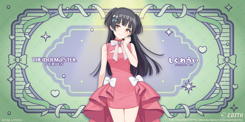 1girl black_hair bow dress earrings english_text hair_bow heart idolmaster idolmaster_shiny_colors japanese_text jewelry mayuzumi_fuyuko official_art orange_eyes promotional_art solo spotlight twintails