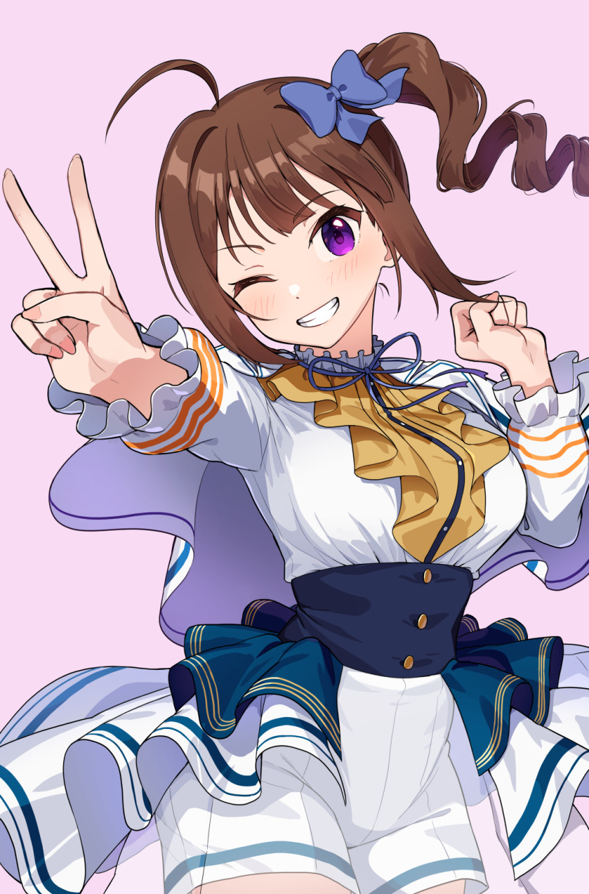 1girl ;d ahoge breasts brown_hair capelet grin high-waist_shorts highres idol_clothes idolmaster idolmaster_million_live! kamille_(vcx68) looking_at_viewer medium_breasts one_eye_closed open_mouth pink_background shirt shirt_tucked_in shorts showgirl_skirt side_ponytail simple_background smile solo v white_capelet white_shirt white_shorts yokoyama_nao