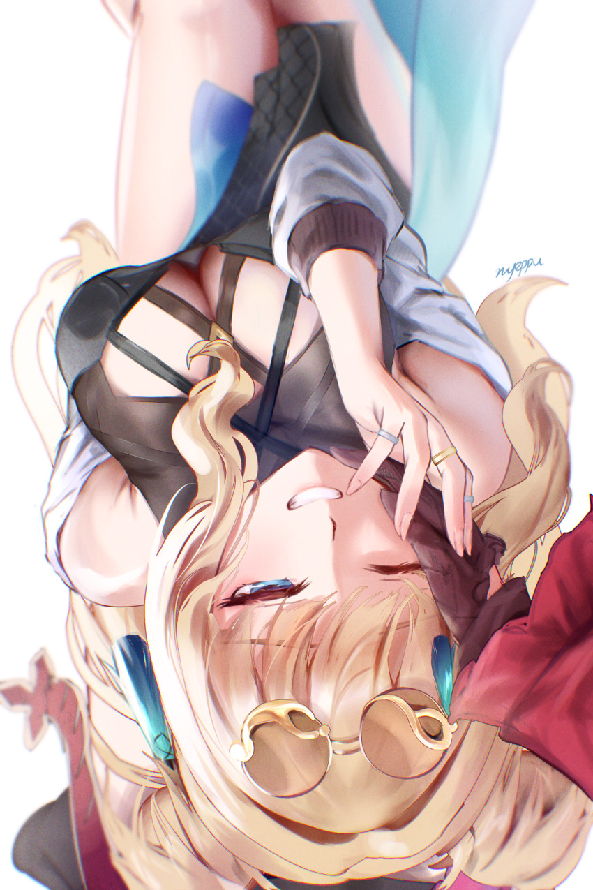 2girls aqua_tassel bare_shoulders black_gloves blonde_hair blue_eyes bodycon breasts cleavage cleavage_cutout clothing_cutout commentary_request eyewear_on_head feet_out_of_frame from_above glasses gloves gold_ring hair_ornament half-closed_eye hand_on_another&#039;s_face hand_on_another&#039;s_hand hand_up highres honkai_(series) honkai_impact_3rd jacket jewelry large_breasts light_blush long_hair looking_at_viewer multiple_girls nyeppu one_eye_closed pince-nez pov pov_hands red_sleeves ring round_eyewear signature silver_ring smile solo_focus songque songque_(astralop) sunglasses tassel tassel_hair_ornament teeth thelema_nutriscu thelema_nutriscu_(mad_pleasure:_shadowbringer) upside-down very_long_hair wavy_hair white_background white_jacket yuri