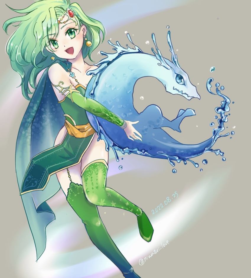 1girl aged_up breasts cape chicken_love dated detached_sleeves earrings final_fantasy final_fantasy_iv foot_out_of_frame green_eyes green_hair hair_ornament highres jewelry leviathan_(final_fantasy) long_hair looking_at_viewer open_mouth rydia_(adult)_(ff4) rydia_(ff4) simple_background small_breasts smile solo thighhighs