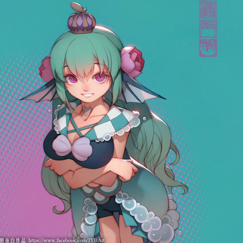 1girl bike_shorts blue_background blue_skirt blush breast_hold breasts chinese_commentary cleavage clothing_cutout collarbone commentary_request crossed_arms crown dress finana_ryugu finana_ryugu_(1st_costume) fins flower frilled_sailor_collar frills from_above green_dress green_hair hair_flower hair_ornament head_fins long_hair looking_at_viewer looking_up medium_breasts navel_cutout neck_tattoo nijisanji nijisanji_en nose_blush purple_eyes purple_flower sailor_collar showgirl_skirt skirt smile solo tattoo virtual_youtuber watermark web_address zhaoyebai