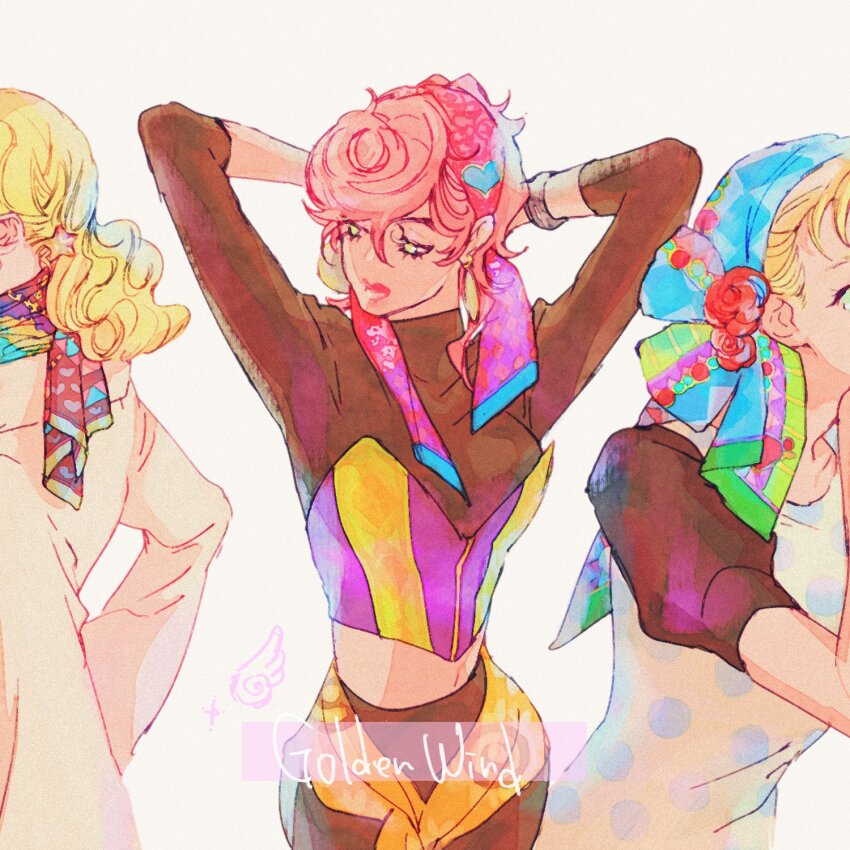 3girls arms_up bandana battle_tendency blonde_hair breasts closed_mouth coat commentary_request copyright_name dress green_eyes highres jojo_no_kimyou_na_bouken kusamura_dai kuujou_holly long_hair long_sleeves medium_breasts multiple_girls pink_bandana pink_hair pink_lips polka_dot polka_dot_dress short_hair stardust_crusaders suzi_q trish_una vento_aureo