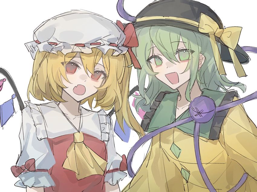 2girls :d :o baimaojituibot black_hat blonde_hair bow buttons chinese_commentary collared_shirt commentary_request diamond_button fang flandre_scarlet frilled_shirt_collar frilled_sleeves frills green_eyes green_hair hair_between_eyes hat hat_bow komeiji_koishi long_hair long_sleeves mob_cap multiple_girls open_mouth puffy_short_sleeves puffy_sleeves red_bow red_eyes red_vest shirt short_sleeves side_ponytail simple_background skin_fang smile third_eye touhou vest white_background white_hat white_shirt wings yellow_bow yellow_shirt