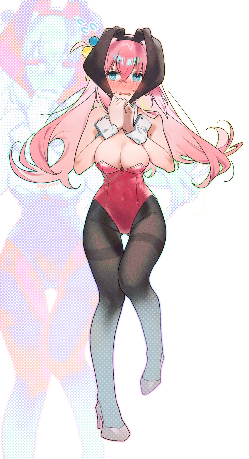 1girl @_@ absurdres animal_ears bare_shoulders black_pantyhose blue_eyes blush bocchi_the_rock! breasts cleavage collar collarbone covered_navel crossed_bangs cube_hair_ornament detached_collar ears_down fake_animal_ears flying_sweatdrops full_body gotoh_hitori hair_between_eyes hair_ornament hands_on_own_chest hands_up high_heels highleg highleg_leotard highres large_breasts leotard long_hair looking_to_the_side nose_blush one_side_up open_mouth own_hands_together pantyhose pink_hair pink_leotard pink_shoes playboy_bunny polka_dot polka_dot_background rabbit_ears shoes sofa_(enogunomu) solo standing standing_on_one_leg sweat thigh_gap thighs wavy_mouth white_background white_collar white_wrist_cuffs wrist_cuffs zoom_layer