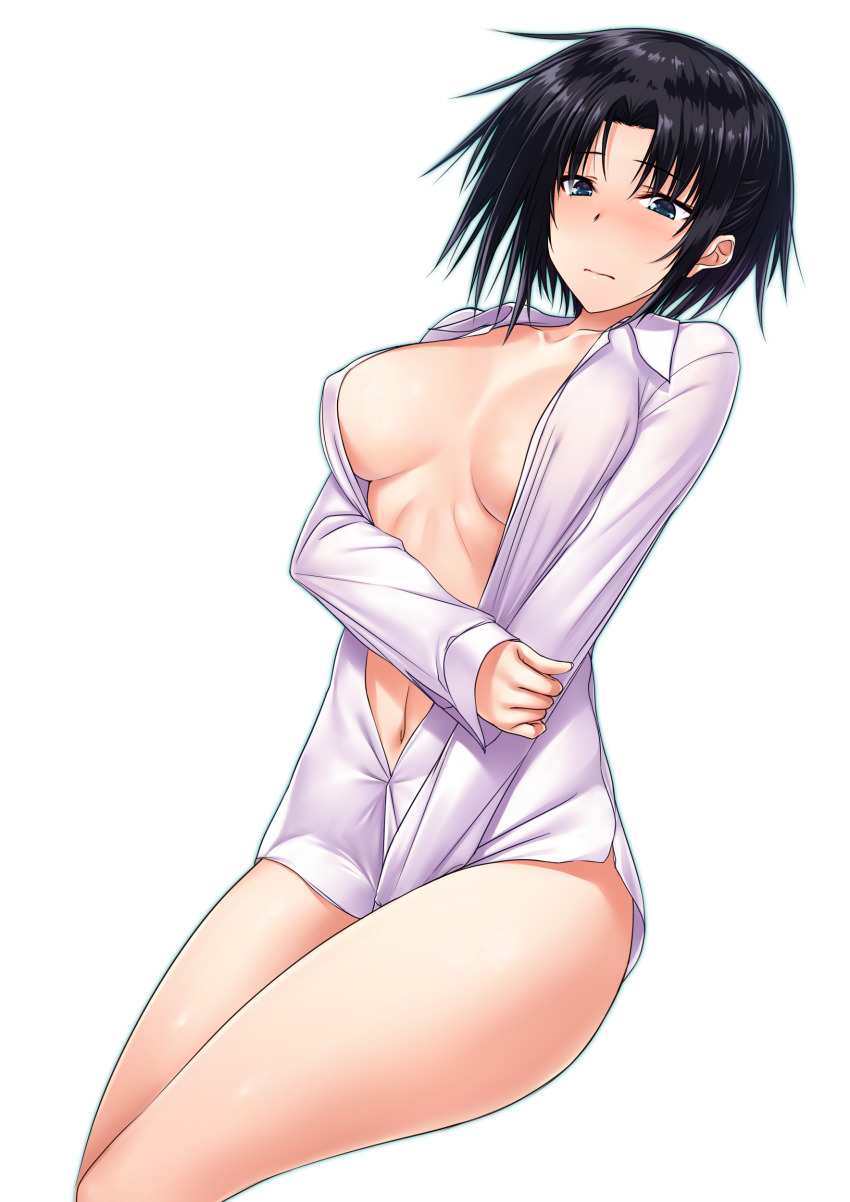 1girl absurdres between_legs black_hair blue_eyes bottomless breasts character_request cleavage closed_mouth collarbone collared_shirt copyright_request dress_shirt female_focus half-closed_eyes hand_between_legs highres ikki_(tue_sein_bestes) jinchu_lee large_breasts looking_at_viewer lying maji_de_watashi_ni_koi_shinasai! maji_de_watashi_ni_koi_shinasai!_s naked_shirt navel on_back open_clothes open_shirt shirt short_hair simple_background solo white_background white_shirt wing_collar