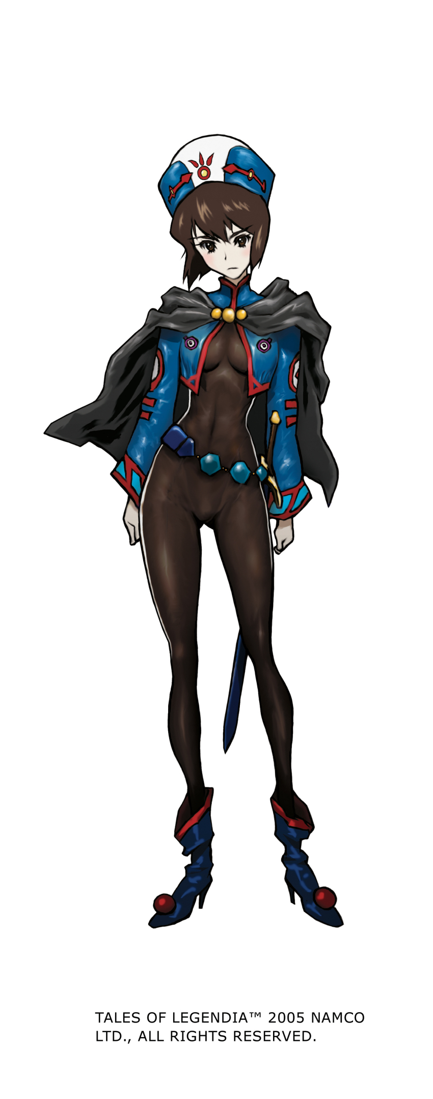 00s 1girl 2005 absurdres belt black_bodysuit black_hair blush bob_cut bodysuit boots brown_eyes brown_hair cape chloe_valens female_focus full_body hat highres long_image nakazawa_kazuto official_art short_hair skin_tight solo standing sword tales_of_(series) tales_of_legendia tall_image weapon white_background