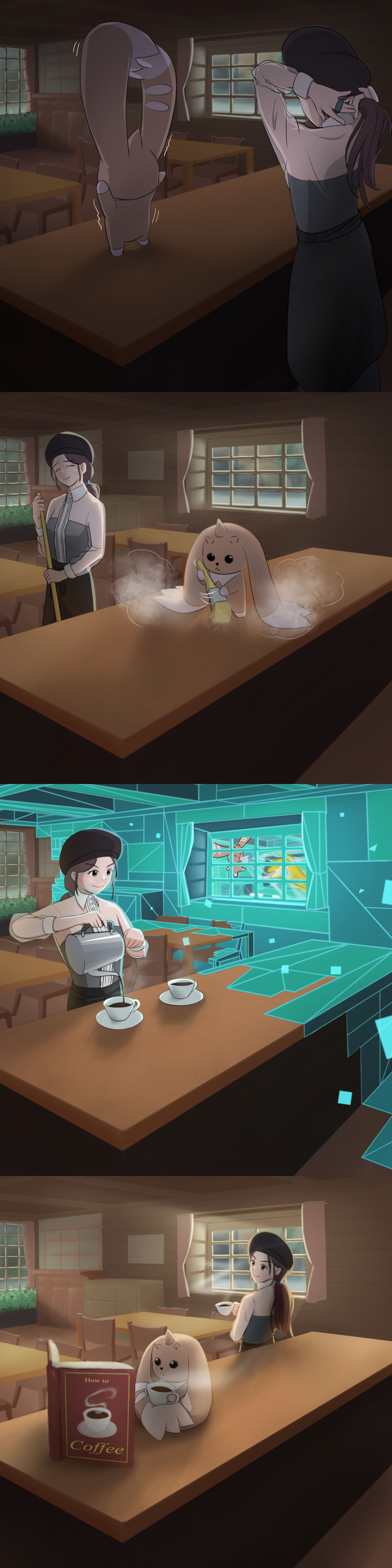 absurdres book coffee cup digimon digimon_rearise disposable_cup hat highres keramon lopmon reading spiral_(digimon) tsukimori_chihiro