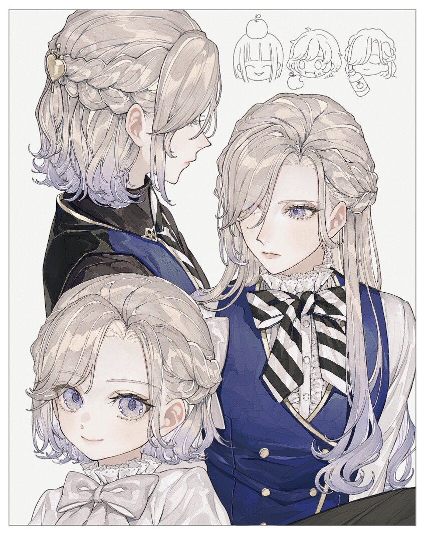 3boys aged_down alternate_hair_length alternate_hairstyle ao_(ao0_0nemu) apple bishounen black_bow black_bowtie black_jacket black_pants blue_vest border bottle bow bowtie braid buttons center_frills chibi chibi_inset closed_eyes collage collared_shirt curtained_hair diagonal-striped_bow diagonal-striped_bowtie diagonal-striped_clothes diagonal-striped_necktie double-breasted eating epel_felmier expressionless food frilled_shirt_collar frills fruit gradient_hair grey_hair hair_ornament hair_over_one_eye half_up_braid hat heart heart_hair_ornament highres jacket lips long_hair long_sleeves looking_at_viewer male_focus medium_hair multicolored_hair multiple_boys multiple_views necktie night_raven_college_uniform object_on_head pants portrait purple_eyes purple_hair rook_hunt shirt short_hair sideways_glance simple_background smile solo_focus striped_clothes swept_bangs twisted_wonderland upper_body vest vil_schoenheit white_background white_border white_bow white_bowtie white_shirt