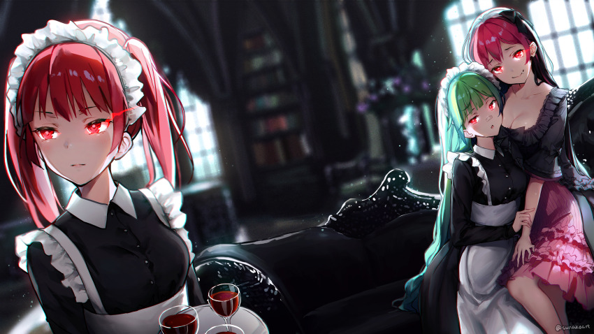3girls aiko_(osu!) apron bandaid bandaid_on_face bandaid_on_nose black_hair black_ribbon black_shirt black_theme blue_hair blurry blurry_background bookshelf breasts cleavage collared_shirt contest_winner cup dress drinking_glass colored_bangs fang frilled_dress frilled_skirt frills glowing glowing_eyes green_hair hair_ornament hair_ribbon headdress highres holding holding_plate light_particles long_hair long_sleeves looking_at_viewer maid maid_apron maid_headdress mocha_(osu!) multicolored_hair multiple_girls open_mouth osu! pink_skirt pippi_(osu!) plate red_eyes red_hair ribbon serious shirt short_sleeves skirt smug sunako_(veera) twintails two-tone_hair watermark window wine_glass