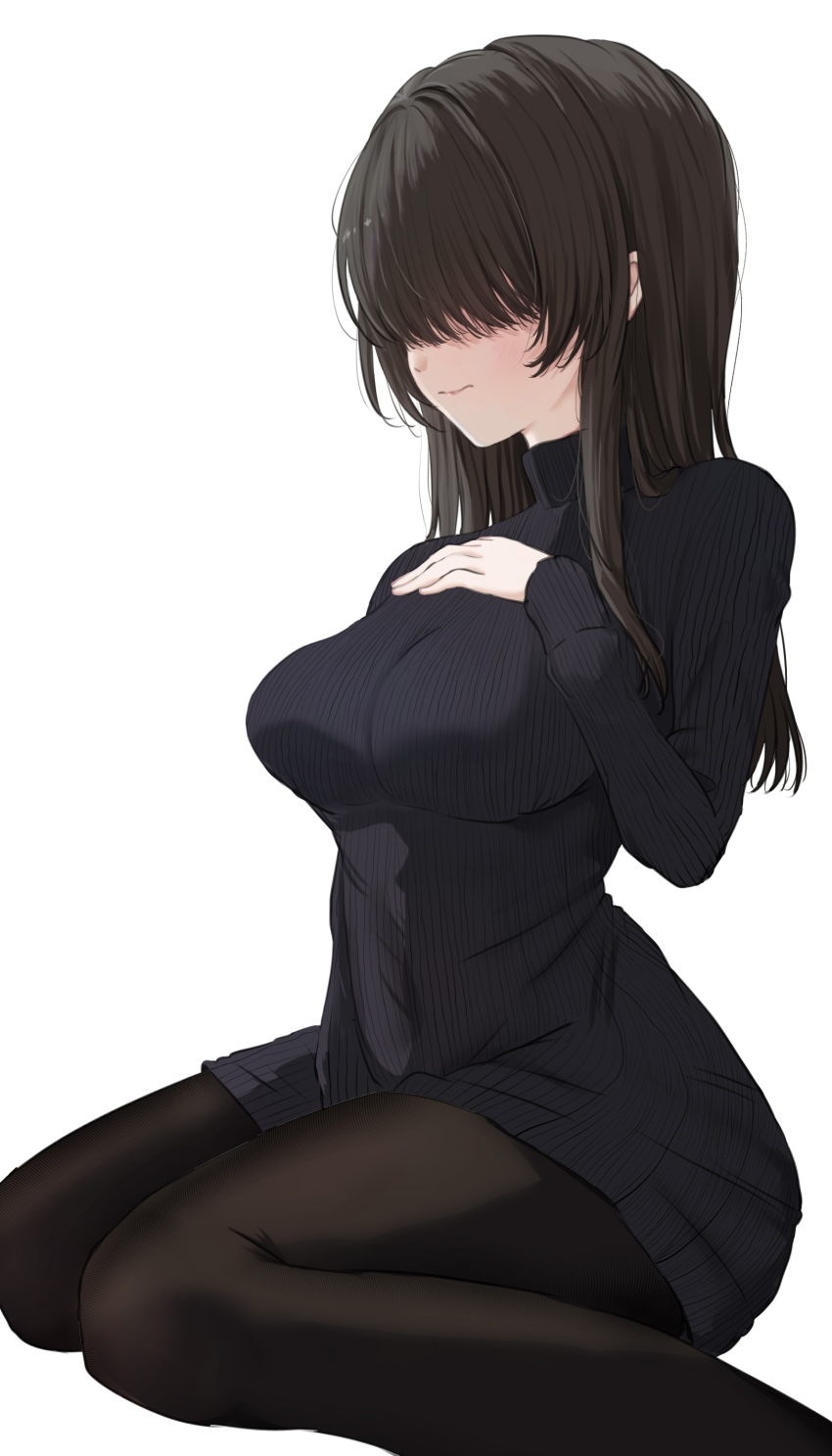 1girl absurdres arm_between_legs black_hair black_sweater_vest blush breasts brown_pantyhose commentary_request covered_eyes faceless faceless_female hair_over_eyes hand_on_own_chest highres kakure_meme kimi_no_koto_ga_dai_dai_dai_dai_daisuki_na_100-nin_no_kanojo large_breasts long_hair long_sleeves no_pants pantyhose ribbed_sweater simple_background sitting solo straight_hair sweater sweater_vest tada_mani wariza white_background