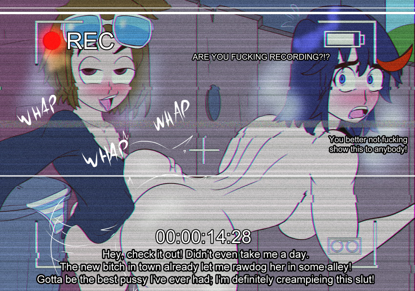 1boy 1girl age_difference alley battery_indicator black_hair black_shirt blackmail blue_eyes blush breasts brown_eyes brown_hair clothed_male_nude_female embarrassed english_text hanging_breasts hentaigoo mankanshoku_matarou matoi_ryuuko multicolored_hair nude onee-shota panties public_indecency recording red_hair shirt shota striped_clothes striped_panties tagme timestamp trash_can two-tone_hair underwear vaginal
