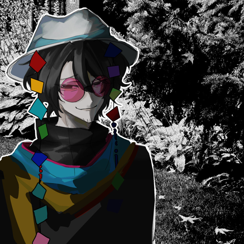 1boy beard_stubble black_eyes black_hair black_jacket blue_scarf chinese_commentary closed_mouth commentary_request facial_hair hair_between_eyes hat highres huai_yunqing jacket male_focus moro_(izumi87865) multiple_scarves outline pink-tinted_eyewear round_eyewear scarf short_hair smile solo stubble tinted_eyewear touqi_guaitan upper_body white_hat white_outline yellow_scarf