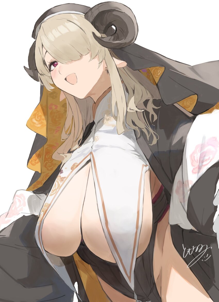 1girl black_veil blonde_hair breast_curtains breasts character_request copyright_request highres horns large_breasts looking_at_viewer open_mouth red_eyes revealing_clothes sheep_horns signature solo tomochi_(tmc_tmc8) veil white_background