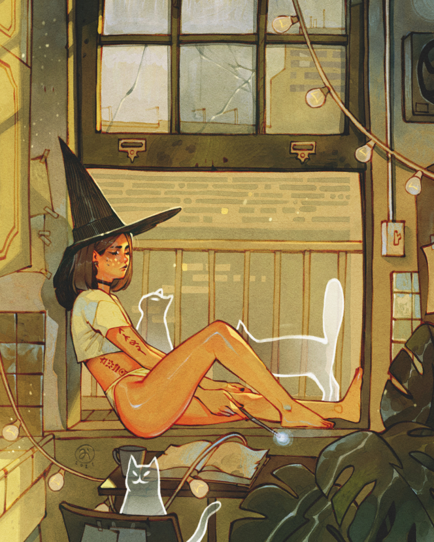 1girl arm_tattoo artist_logo balcony barefoot black_choker black_hat book brown_hair casting_spell cat chair choker closed_eyes closed_mouth commentary crop_top cup dated day facing_to_the_side full_body ghost glowing hand_on_own_leg hat highres holding holding_wand indoors light_switch logo magic medium_hair on_windowsill open_book open_window original panties plant potted_plant shirt simz solo stomach_tattoo string_of_light_bulbs table tattoo underwear wand white_panties white_shirt window window_shadow witch_hat