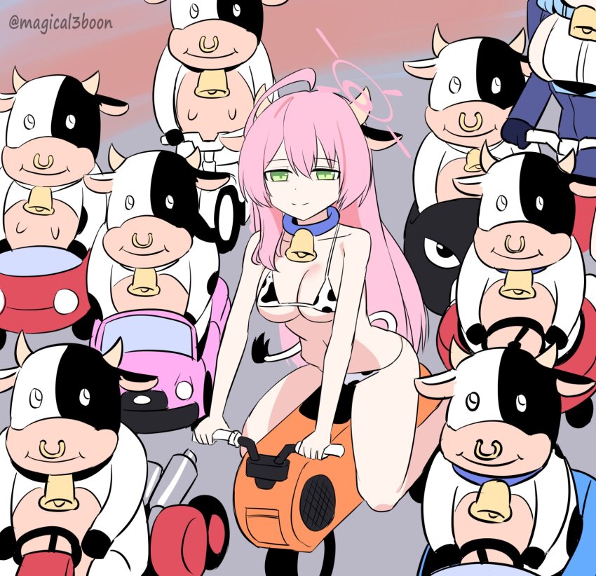 2girls ako_(blue_archive) animal_ears animal_print bell bikini blue_archive breasts bullet_bill cleavage closed_mouth cow cow_ears cow_horns cow_print cow_print_bikini cowbell crossover fake_animal_ears fake_horns full_body go-kart green_eyes halo hanako_(blue_archive) highres honda_motocompo horns large_breasts long_hair looking_at_viewer mario_(series) mario_kart mario_kart_world moo_moo_(mario) multiple_girls neck_bell nintendo pink_hair pink_halo print_bikini sitting smile solo_focus swimsuit threeboon