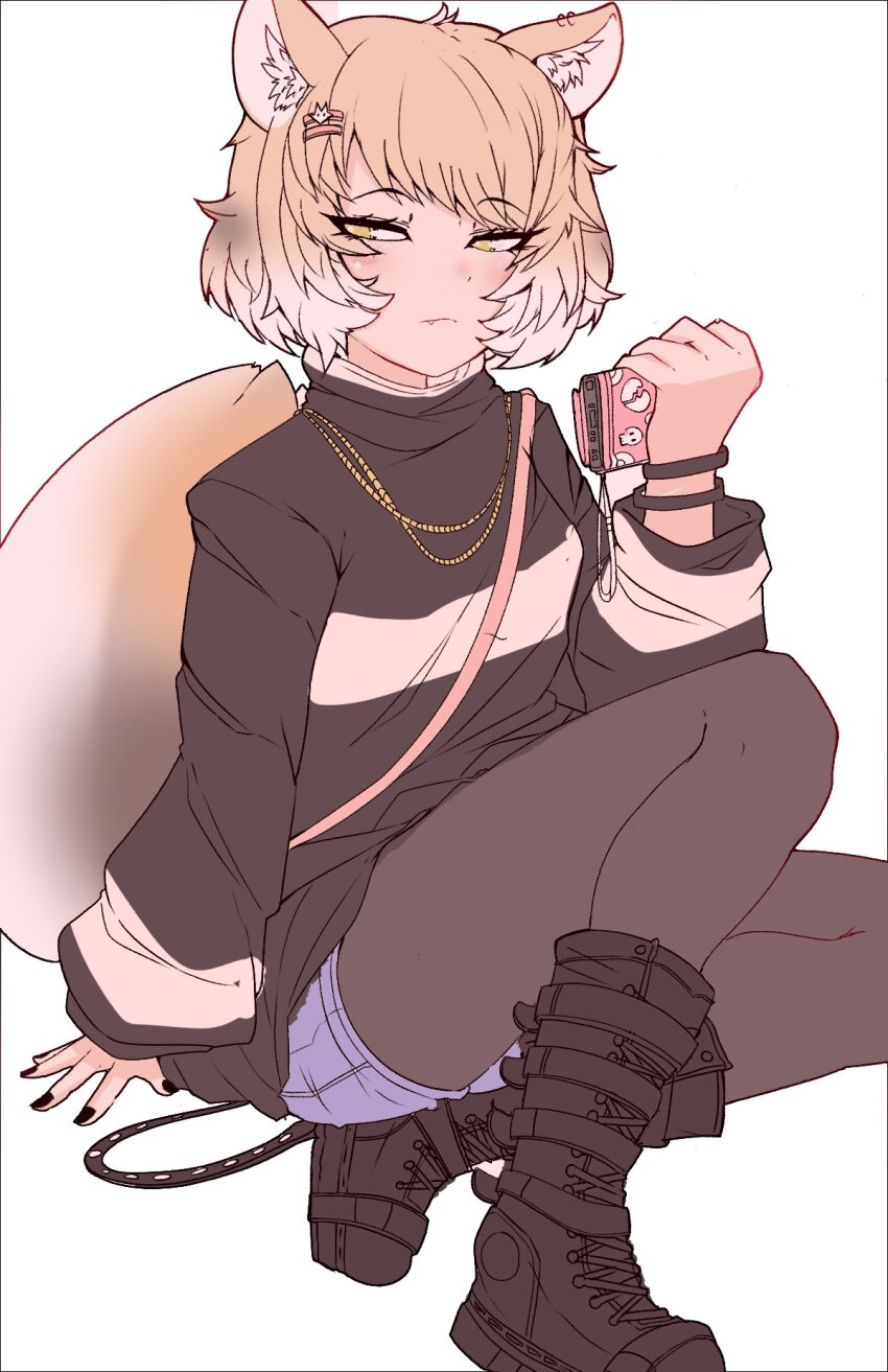 1girl alternate_costume animal_ears black_boots black_nails blonde_hair blue_shorts boots cellphone closed_mouth expressionless eyelashes fang fang_out fingernails fox_ears fox_girl fox_tail grey_hair grey_pantyhose hair_ornament hairclip half-closed_eyes hand_up highres holding holding_phone jewelry kemono_friends long_sleeves looking_at_viewer medium_hair multicolored_hair nail_polish nanoder necklace pantyhose pantyhose_under_shorts parted_bangs phone short_shorts shorts simple_background sitting smartphone smartphone_case solo spread_fingers sweater tail tibetan_fox_(kemono_friends) white_background yellow_eyes