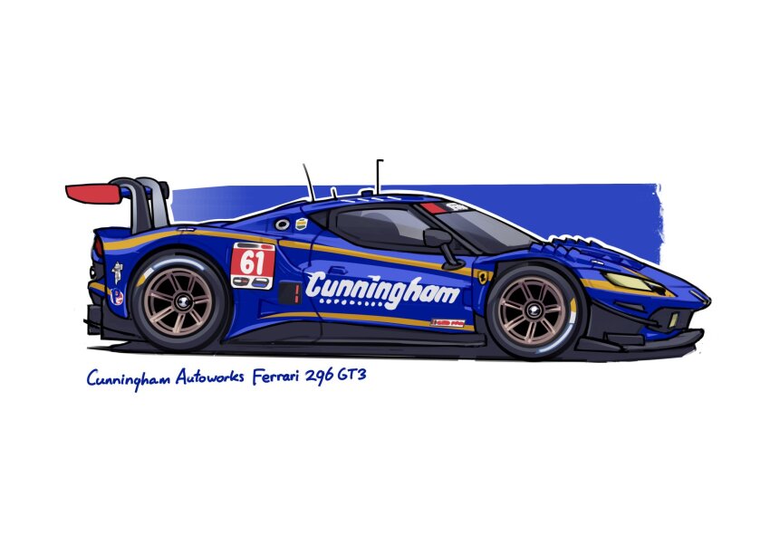 arhentol car commentary english_commentary ferrari ferrari_296 from_side highres imsa_sportscar_championship michelin michelin_man motor_vehicle no_humans original race_vehicle racecar radio_antenna spoiler_(automobile)