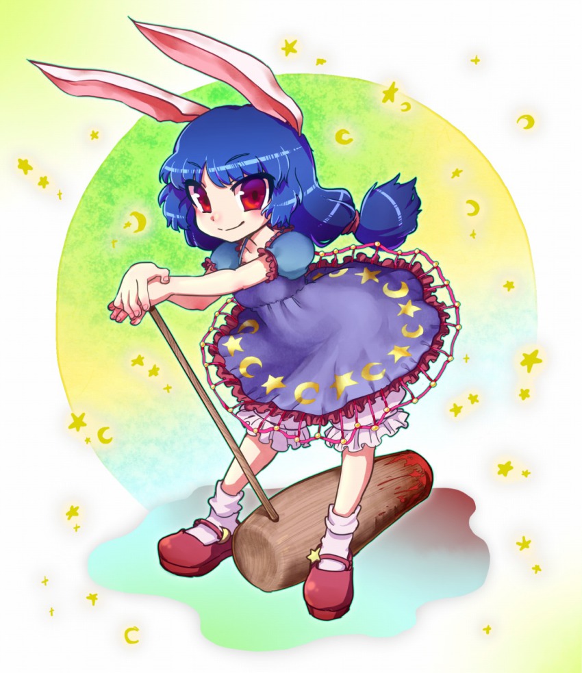 1girl ambiguous_red_liquid animal_ears blood bloomers blue_hair blue_skirt female_focus full_body highres ifelt_(tamaki_zutama) kine legacy_of_lunatic_kingdom long_hair low-tied_long_hair mallet mary_janes moon puffy_short_sleeves puffy_sleeves rabbit_ears red_eyes red_shoes seiran_(touhou) shoes short_sleeves skirt smile socks solo stain standing star_(symbol) touhou underwear