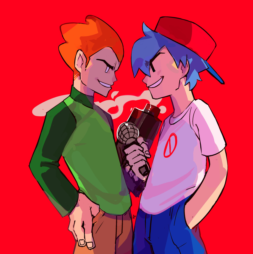 2boys absurdres benzbt blue_hair boyfriend_(friday_night_funkin&#039;) eye_contact finger_gun friday_night_funkin&#039; green_shirt grin gun highres holding holding_gun holding_microphone holding_weapon looking_at_another messy_hair microphone multiple_boys orange_hair pico_(newgrounds) pico_(newgrounds_series) pointing pointing_at_another shirt smile weapon white_shirt