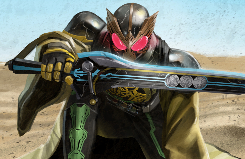 1boy armor belt core_medal desert gloves glowing glowing_eyes green_eyes helmet kamen_rider kamen_rider_ooo kamen_rider_ooo_(series) kuchibiru_keisuke looking_at_viewer male_focus mask o_medal red_eyes sand solo sword tatoba_(ooo_combo) tokusatsu weapon