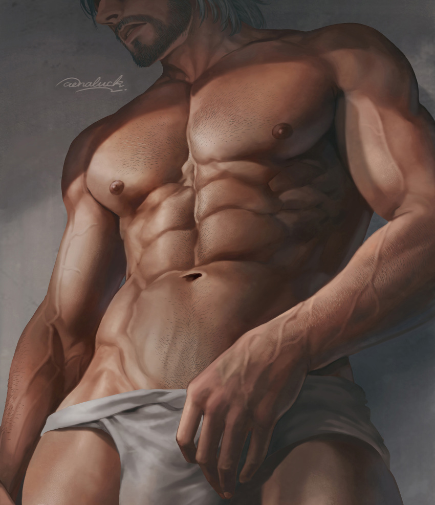 1boy abs absurdres aenaluck arm_hair artist_name bara beard briefs bulge chest_hair face_cutout facial_hair grey_hair highres large_pectorals male_focus male_underwear manly muscular muscular_male navel nipples original parted_lips pectorals short_hair solo topless_male underwear veins veiny_arms white_male_underwear