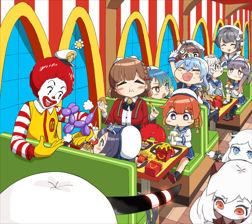 1boy 6+girls absurdres abyssal_ship asahi_(kancolle) balloon_animal black_hair breasts brown_hair burger chougei_(kancolle) closed_eyes clown clown_boy cup disposable_cup eating enemy_lifebuoy_(kancolle) etorofu_(kancolle) fast_food flower food food_on_face french_fries fukae_(kancolle) glasses gloves grey_hair hair_flaps hair_ornament hat highres hirato_(kancolle) holding holding_cup holding_food horns indoors jingei_(kancolle) kantai_collection matsuwa_(kancolle) mcdonald&#039;s mole mole_under_eye multiple_girls northern_little_sister northern_ocean_princess open_mouth osananajimi_neko purple_hair red_hair ronald_mcdonald sado_(kancolle) seaport_princess single_horn sitting sparkle tsushima_(kancolle) white_flower white_gloves white_hair