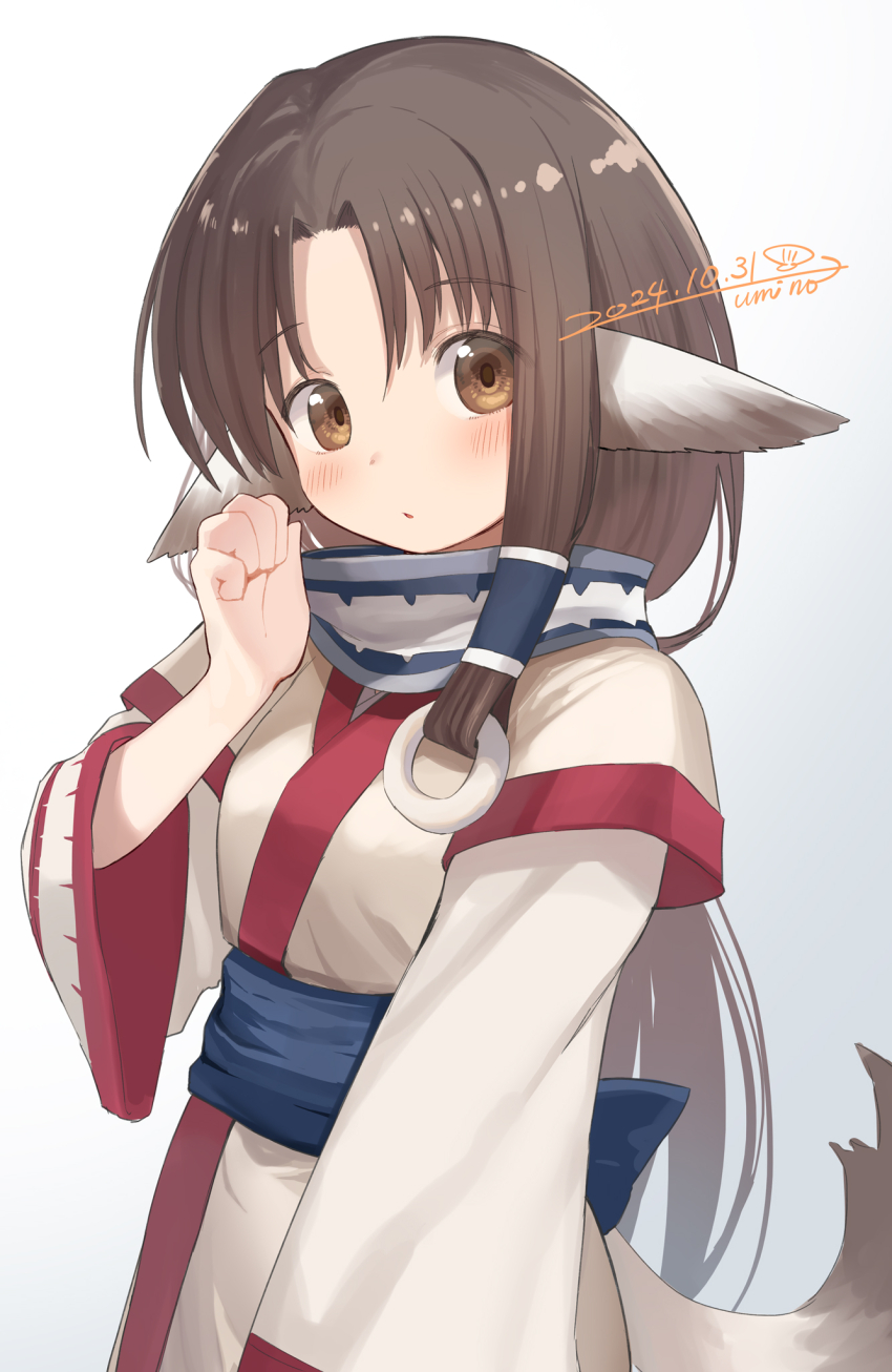 1girl ainu_clothes animal_ears artist_name breasts brown_eyes brown_hair curtained_hair dated dog_ears dog_tail eruruu hand_up highres layered_sleeves long_hair long_sleeves looking_at_viewer low_ponytail o-ring parted_lips ponytail simple_background small_breasts solo straight_hair tail umino_hotate upper_body utawarerumono white_background wide_sleeves