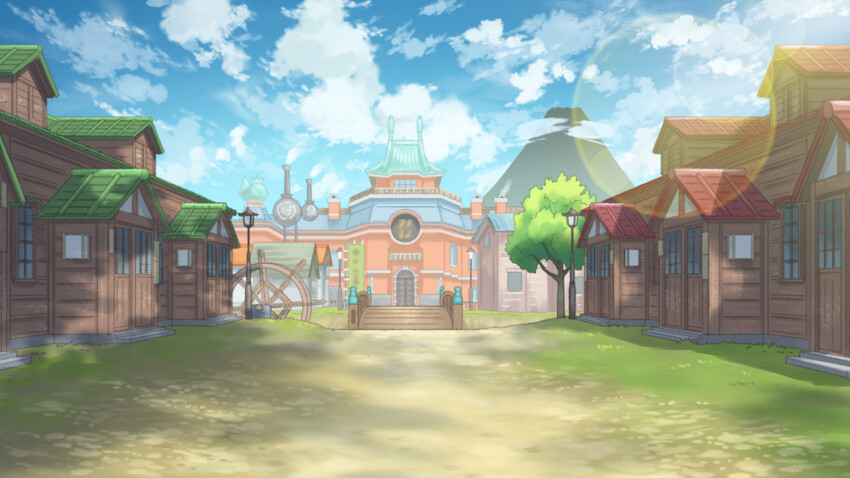 bridge building cloud commentary_request day door grass hiraisaki lamppost lens_flare mountain nintendo no_humans outdoors pokemon pokemon_legends:_arceus silhouette sky water_wheel window