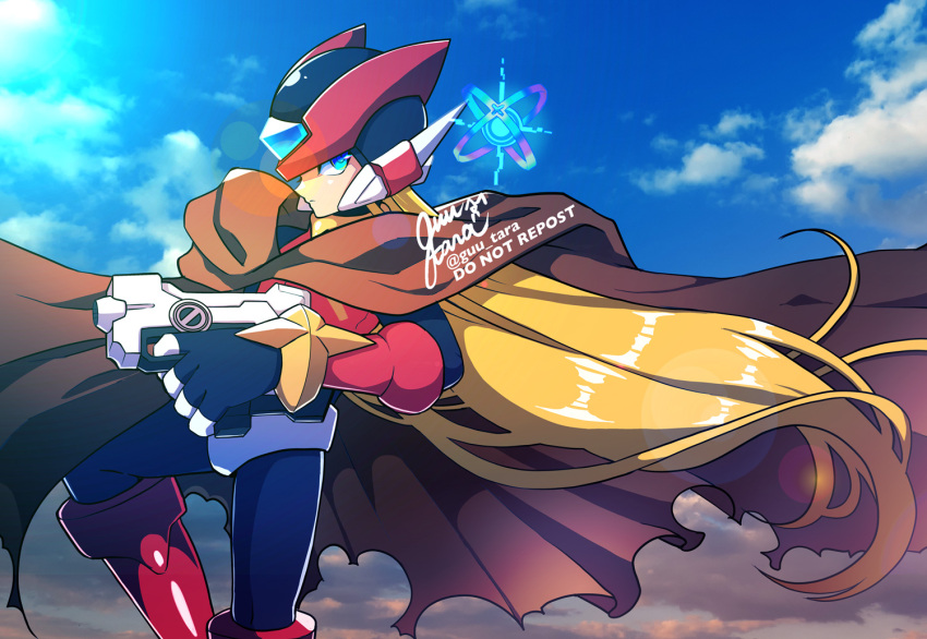 1boy android armor black_gloves blonde_hair blue_eyes blue_sky brown_cape cape cyber_elf_(mega_man) forehead_jewel gloves gun guutara helmet holding holding_gun holding_weapon jewelry long_hair looking_at_viewer male_focus mega_man_(series) mega_man_zero_(series) ponytail red_armor red_helmet robot signature sky solo twitter_username very_long_hair weapon zero(z)_(mega_man) zero_(mega_man)