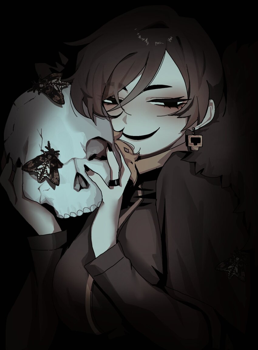 1girl binah_(project_moon) black_cape black_dress black_eyes black_hair black_nails bug cape dress grin highres holding holding_skull insect lobotomy_corporation long_sleeves looking_at_viewer moth ny_000a project_moon short_hair skull smile solo upper_body