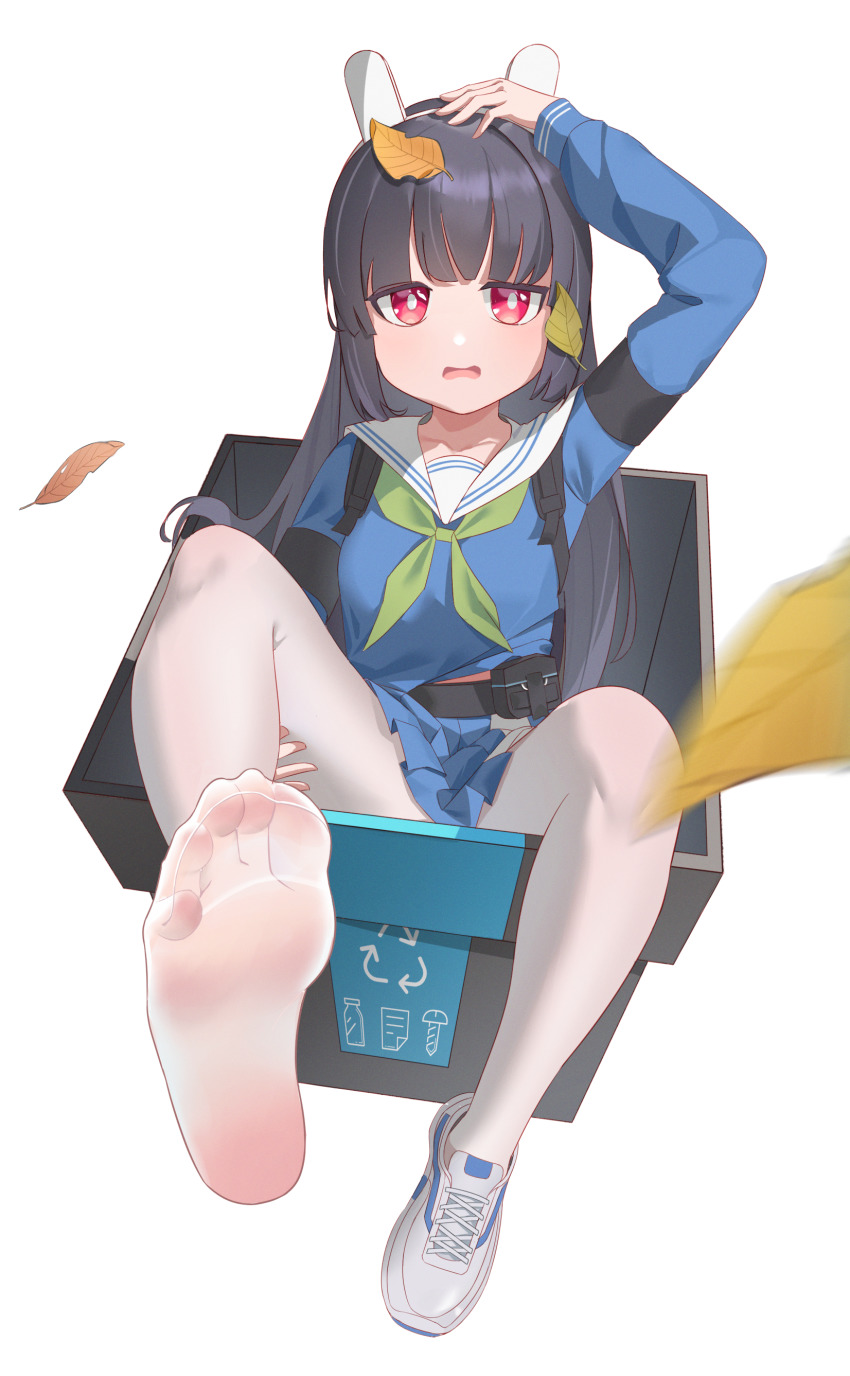 1girl absurdres arm_up arrow_(symbol) autumn_leaves black_hair blue_archive blue_serafuku blue_shirt blue_skirt commentary_request female_focus foreshortening full_body headgear highres in_container leaf leaf_on_head long_hair long_sleeves looking_at_viewer miyu_(blue_archive) mr_ito no_shoes open_mouth pantyhose pleated_skirt recycling_symbol red_eyes sailor_collar school_uniform serafuku shirt shoes simple_background single_shoe skirt soles solo very_long_hair wavy_mouth white_background white_pantyhose white_sailor_collar white_shoes