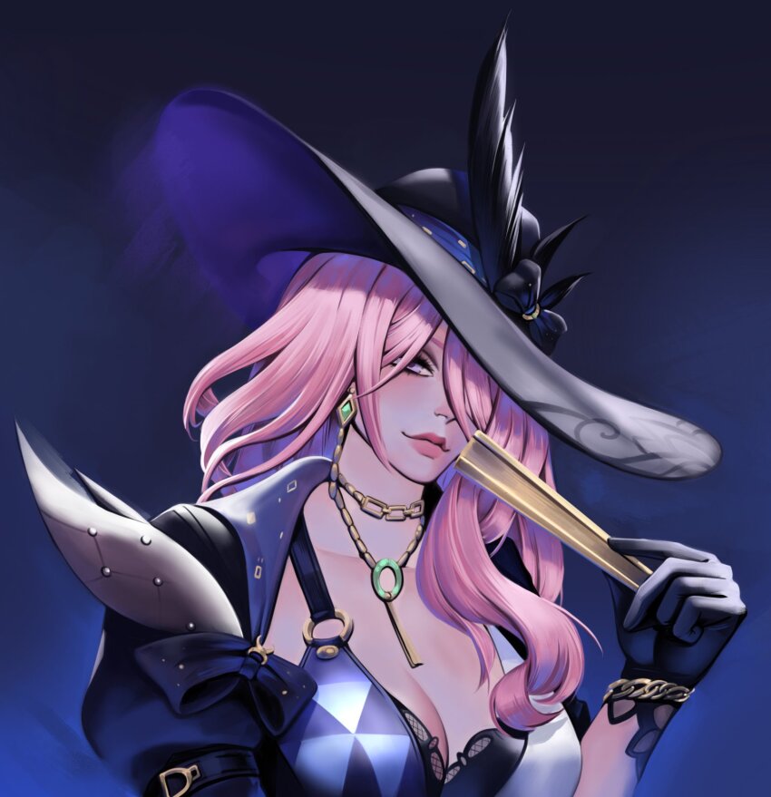 1girl black_bra black_gloves black_hat bra breasts cleavage commentary earrings gloves hat highres honkai:_star_rail honkai_(series) jade_(honkai:_star_rail) jewelry large_breasts long_hair looking_at_viewer lunart pink_hair pink_lips smile solo underwear upper_body