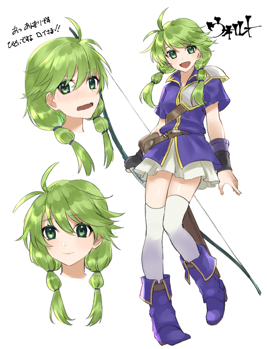 1girl boots bow_(weapon) braid breasts fire_emblem fire_emblem:_the_binding_blade genderswap genderswap_(mtf) green_eyes green_hair highres nintendo open_mouth purple_boots small_breasts translation_request tsukimura_(d24f4z8j3t) twin_braids weapon wolt_(fire_emblem)