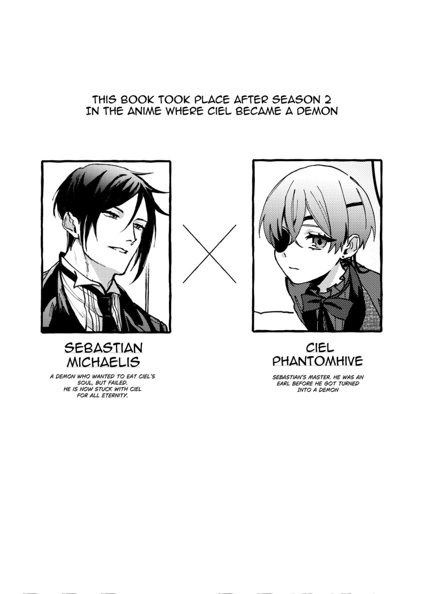 2boys black_hair butler ciel_phantomhive demon eyelashes eyepatch greyscale highres kurosh00kie kuroshitsuji male_focus monochrome multiple_boys ouji_fashion sebastian_michaelis spoilers