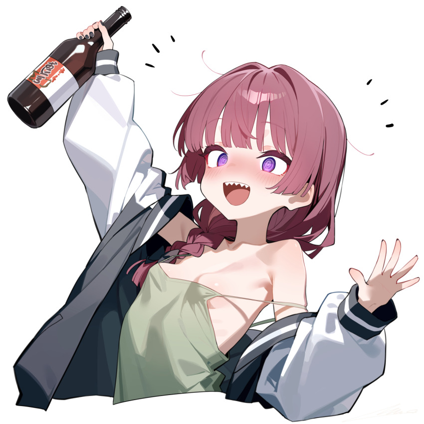 1girl :d bocchi_the_rock! bottle braid braided_ponytail breasts dress drunk green_dress highres hiroi_kikuri holding holding_bottle jacket long_hair long_sleeves looking_at_viewer open_mouth overlord_(overlord80000) red_hair sharp_teeth sleeveless sleeveless_dress small_breasts smile solo teeth upper_teeth_only very_long_hair white_jacket