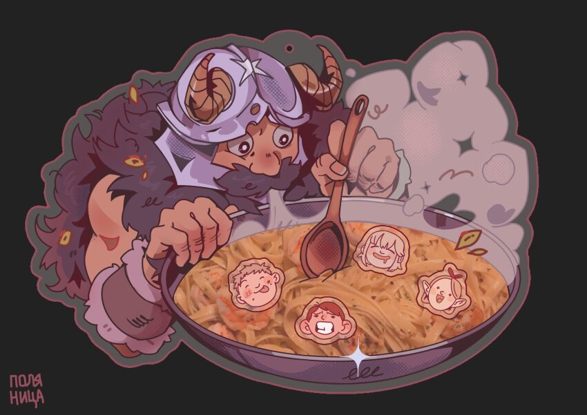 2girls 3boys bara beard brown_hair cheek_press chibi chibi_inset chilchuck_tims cooking cropped_torso drooling dungeon_meshi dwarf facial_hair fake_horns falin_touden happy helmet highres horned_helmet horns hungry laios_touden licking_lips long_beard male_focus marcille_donato mouth_drool multiple_boys multiple_girls mustache senshi_(dungeon_meshi) solo_focus sparkle steam thick_mustache tongue tongue_out very_long_beard wok yarpolyanitsa