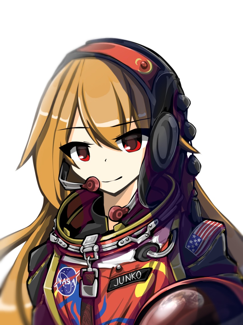 1girl alternate_costume astronaut blonde_hair breasts closed_mouth earth_(planet) female_focus hair_between_eyes helmet highres holding hood hooded_dress junko_(touhou) kaliningradg logo long_hair looking_at_viewer microphone name_tag nasa nasa_logo planet red_eyes reflection simple_background smile solo space_helmet spacesuit standing touhou upper_body very_long_hair white_background