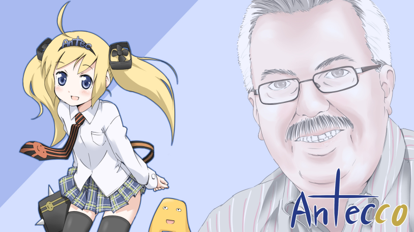 1boy 1girl ahoge antec antecco antekkun bad_id bad_pixiv_id black_thighhighs blonde_hair blue_eyes computer_fan facial_hair flail glasses grin hair_ornament highres long_hair mascot morning_star mousou_(mousou_temporary) mustache necktie open_mouth power_supply scott_richards silver_hair skirt smile teeth thighhighs twintails weapon zettai_ryouiki