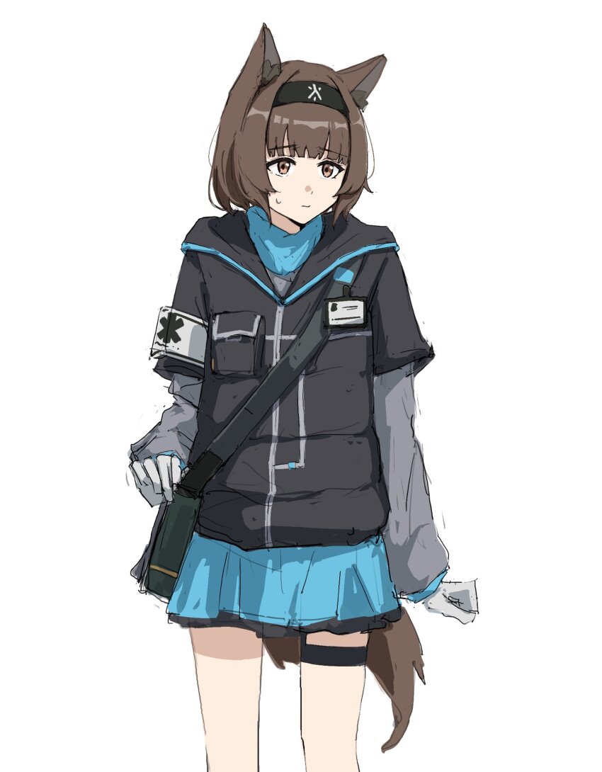 1girl animal_ears arknights armband black_hairband black_jacket blue_skirt brown_eyes brown_hair brown_tail closed_mouth cowboy_shot fuyukono grey_armband hairband highres jacket layered_sleeves long_sleeves looking_to_the_side miniskirt nervous rhodes_island_medic_(arknights) short_hair short_over_long_sleeves short_sleeves simple_background sketch skirt solo standing star_of_life sweatdrop tail thigh_strap white_background