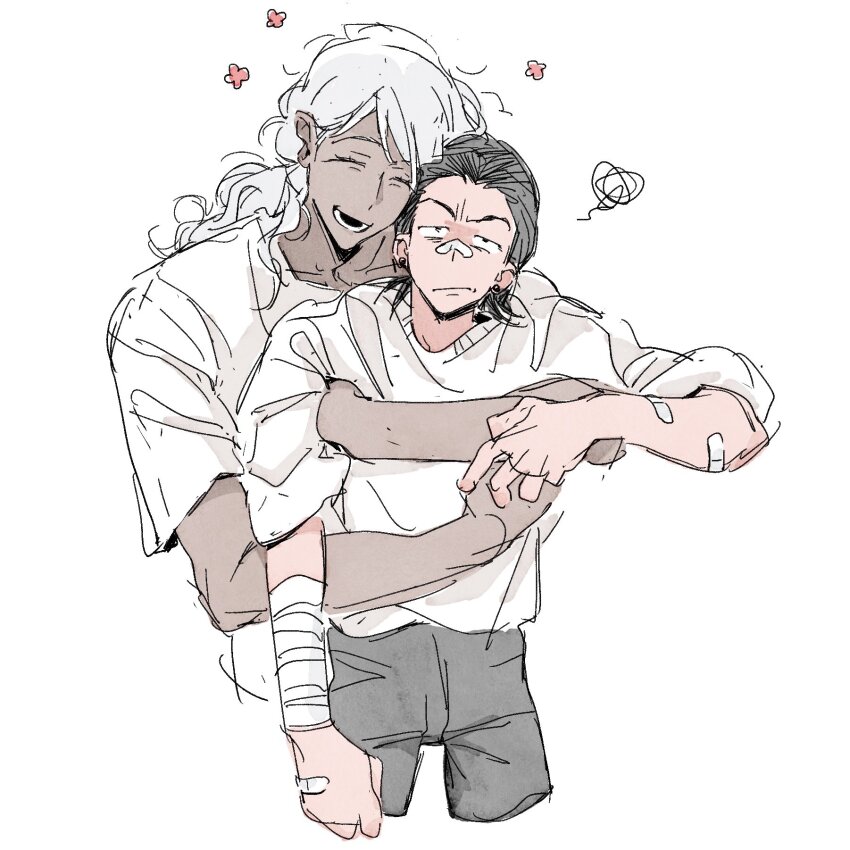 2boys baldur&#039;s_gate baldur&#039;s_gate_3 black_hair cazador_szarr contemporary curly_hair dark-skinned_male dark_skin dungeons_&amp;_dragons dungeons_&amp;_dragons hair_slicked_back highres hug hug_from_behind interracial multiple_boys vellioth white_background white_hair whxqxqaaa! yaoi