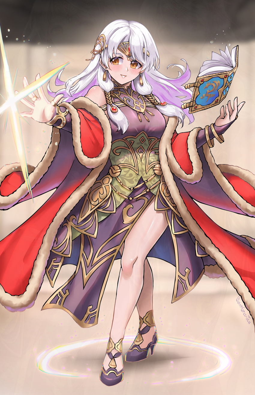 1girl bare_shoulders blush book burnt_green_tea cape commentary detached_sleeves dress english_commentary fire_emblem fire_emblem:_radiant_dawn fire_emblem_heroes floating floating_book floating_object fur-trimmed_cape fur_trim grey_dress grin high_heels highres long_hair looking_at_viewer micaiah_(fire_emblem) micaiah_(radiant_queen)_(fire_emblem) nintendo official_alternate_costume red_cape signature smile solo white_hair yellow_eyes