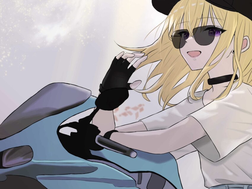 1girl bang_dream! bang_dream!_it&#039;s_mygo!!!!! baseball_cap black_choker black_gloves black_hat blonde_hair chinese_commentary choker commentary_request earrings fingerless_gloves gloves hat highres jewelry medium_hair misumi_uika momokan_1209 motor_vehicle motorcycle open_mouth purple_eyes shirt short_sleeves sidelocks solo white_shirt