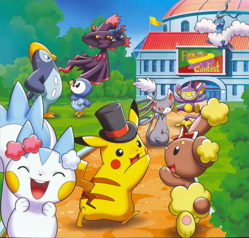 :3 :d absurdres aipom altaria arms_up artist_request black_hat blue_bow blue_eyes blue_sky bow building buneary closed_eyes closed_mouth clothed_pokemon colored_sclera day fake_facial_hair fake_mustache from_side gen_1_pokemon gen_2_pokemon gen_3_pokemon gen_4_pokemon glameow grass hat highres mismagius nintendo no_humans official_art open_mouth pachirisu pikachu piplup pokemon pokemon_(creature) pokemon_focus prinplup red_bow red_eyes scan sky smile standing sweatdrop teeth third-party_source top_hat upper_teeth_only yellow_sclera