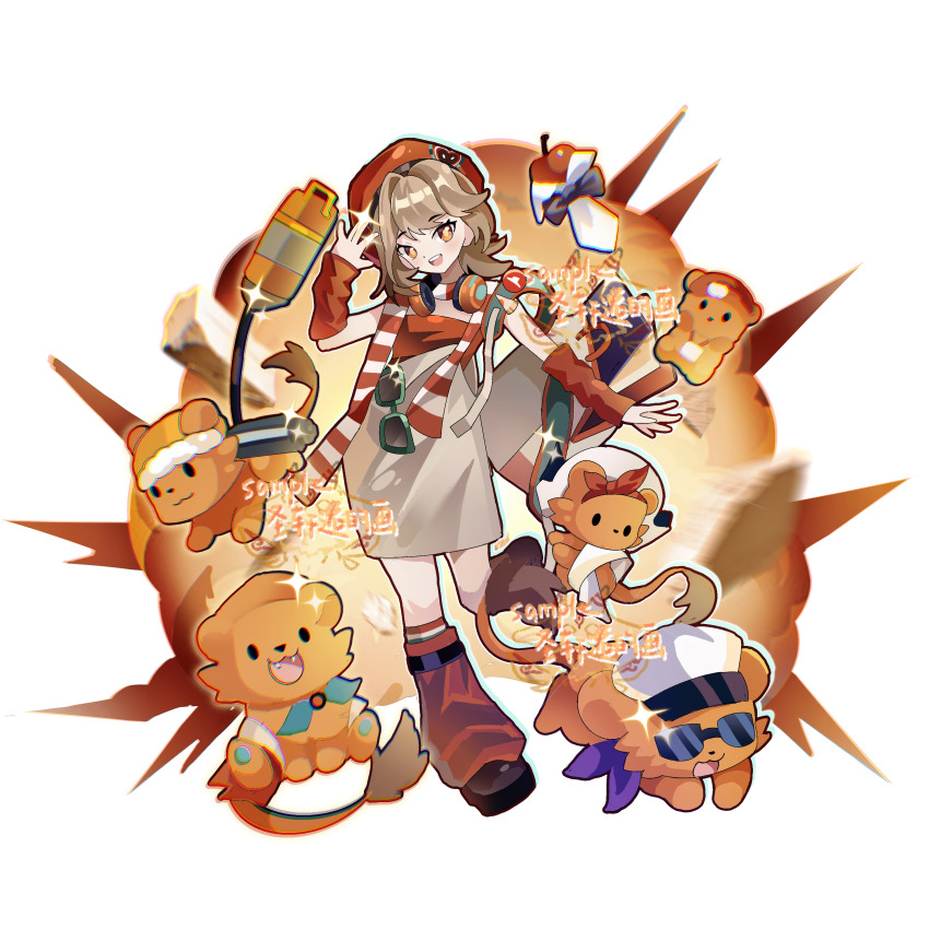 1girl :d absurdres animalization apple apple_(reverse:1999) backpack bag beret black_bow black_bowtie black_shoes bow bowtie brown_hair explosion explosion_background food fruit full_body hand_up hat headphones headphones_around_neck highres lion_cub looking_at_viewer loose_socks newsboy_cap official_alternate_costume open_bag open_mouth orange_eyes overall_skirt person_and_animalization record_jacket red_arm_warmers red_hat red_shirt red_socks regulus_(pizza_hut)_(reverse:1999) regulus_(reverse:1999) reverse:1999 scarf shengxuanyi shirt shoes short_hair skirt smile socks solo strapless strapless_shirt striped_clothes striped_scarf sunglasses traditional_bowtie watermark white_background white_skirt
