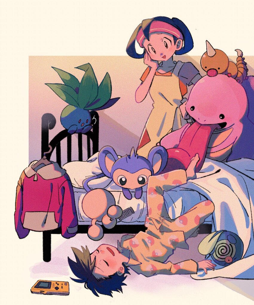 1boy 1girl :d aipom apron barefoot bed blush closed_eyes collarbone commentary_request ethan_(pokemon) game_boy game_boy_color gen_1_pokemon gen_2_pokemon handheld_game_console head_tilt headband highres jacket johto_mother lickitung looking_down mother_(pokemon) mother_and_son nintendo oddish ok_ko19 open_mouth orange_shirt pajamas pants pillow pink_headband poke_ball_print pokemon pokemon_(creature) pokemon_gsc poliwag shirt short_hair short_sleeves smile unworn_jacket weedle yellow_pants yellow_shirt