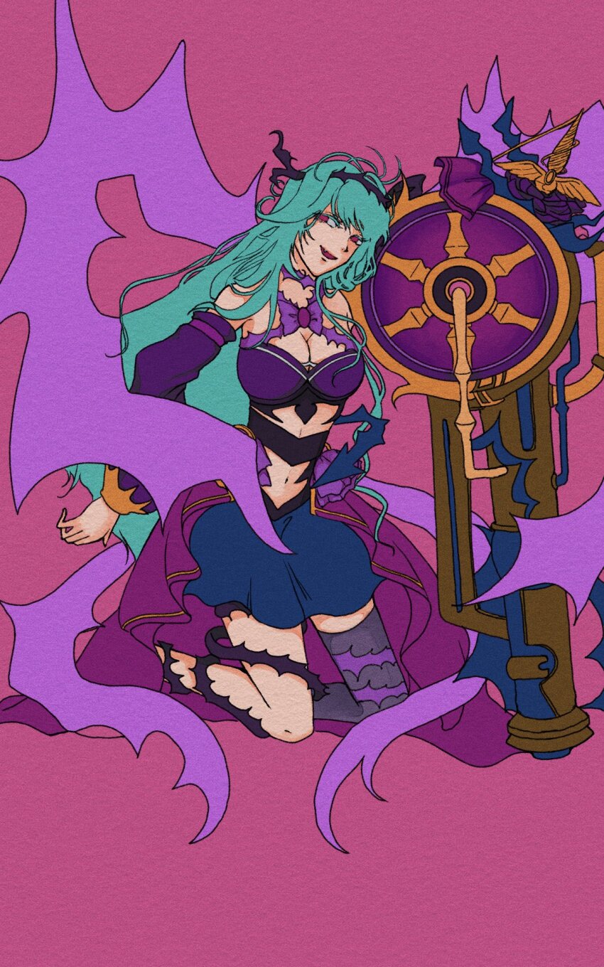 1girl asagi_blue33 big_breasts black_hairband blue_hair breasts cannon chaos_aurora_(grimms_notes) grimms_notes hairband highres holding holding_cannon holding_weapon kneeling large_breasts light_blue_hair long_hair midriff navel open_mouth smile solo thorns unfinished weapon